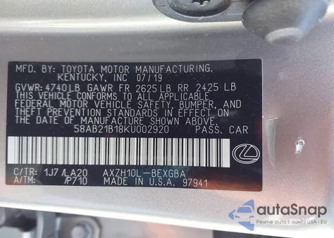 2019 Lexus Es 300H z USA, uszkodzony, nr VIN 58AB21B18KU002920
